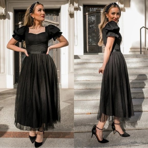 Ivy City Co Dresses & Skirts - Ivy City Co. Ballerina Tulle Puff Sleeve Formal Midi Dress in Black